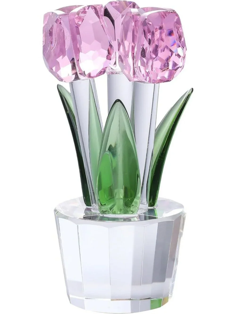 Elegant Pink Crystal Tulip Figurine with Vase - Collectible Glass Flower Decor